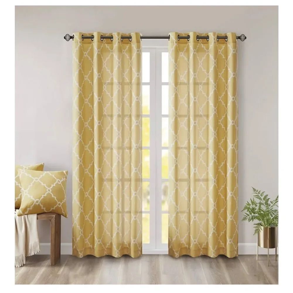 Madison Park Saratoga Single Fretwork 1 Panel Grommet Top 50x63, Yellow/White